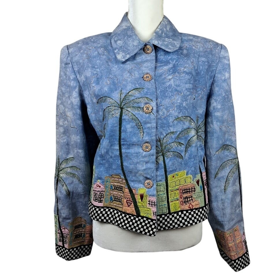 Vintage 90s Anage M Funky Jacket Blue Art To Wear Applique Embroidery Metallic